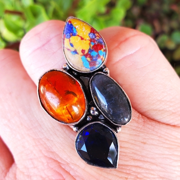 New Mosaic Jasper, Amber, Blue Topaz 925 Silver Ring. - Picture 2 of 7